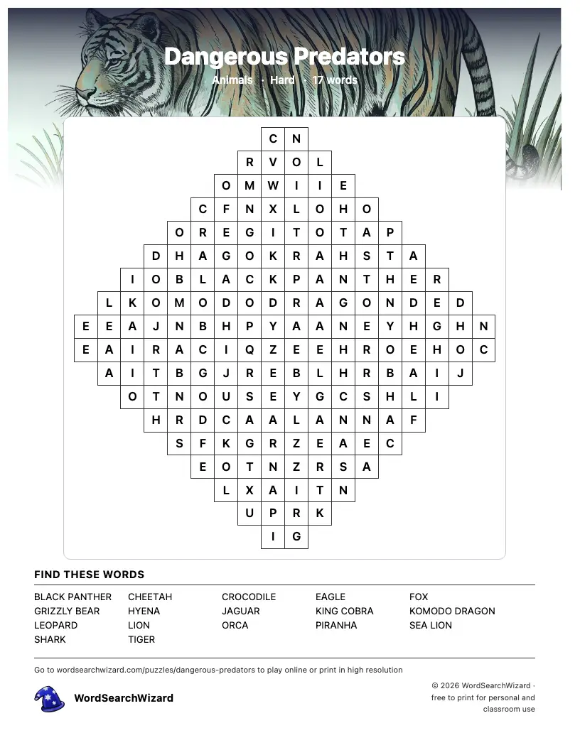 Dangerous Predators word search printable sheet, 17 words to find