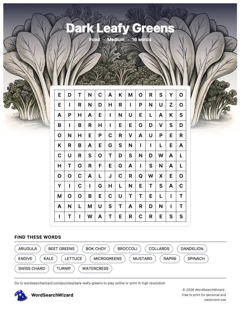 Dark Leafy Greens word search printable sheet, 16 words to find