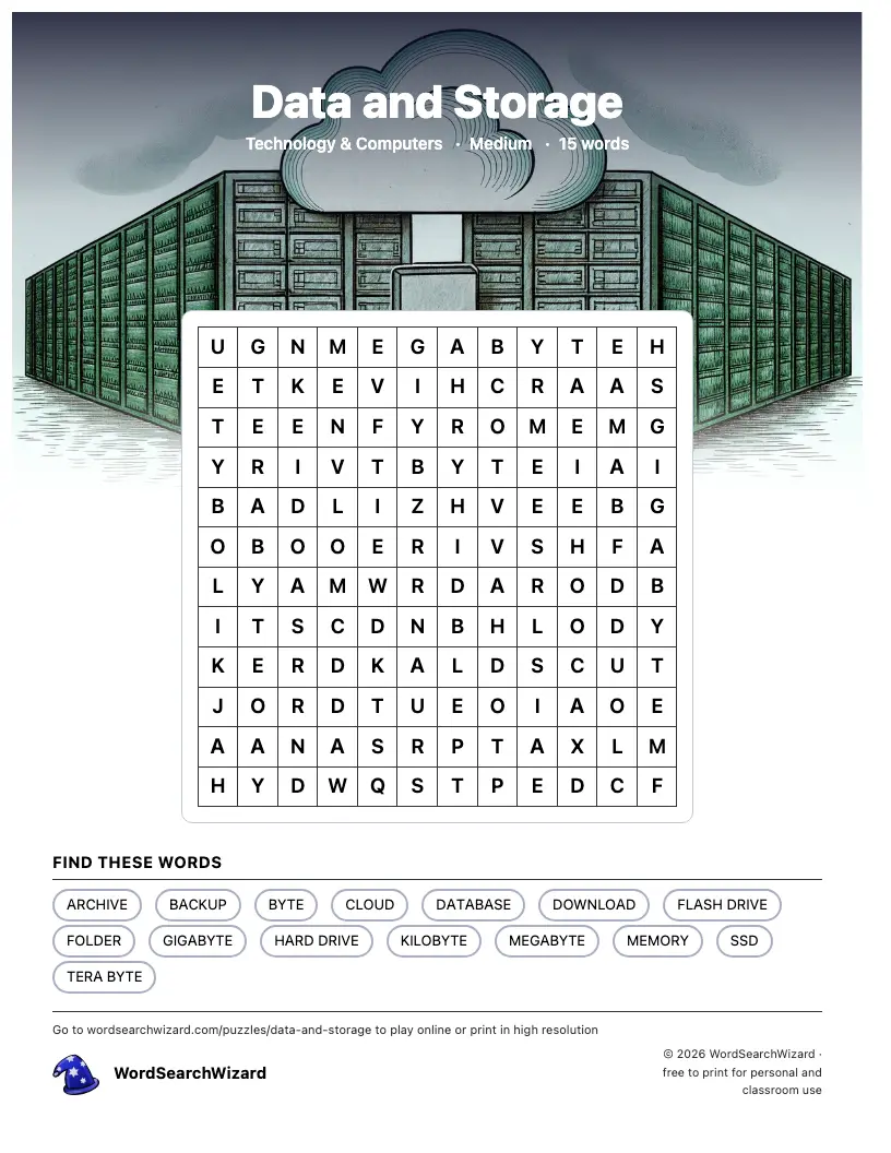 Data and Storage word search printable sheet, 15 words to find