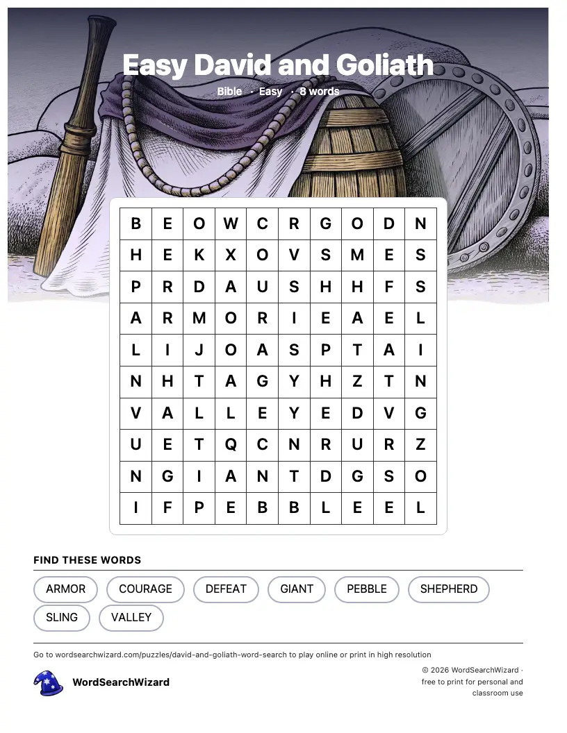Easy David and Goliath word search printable sheet, 8 words to find
