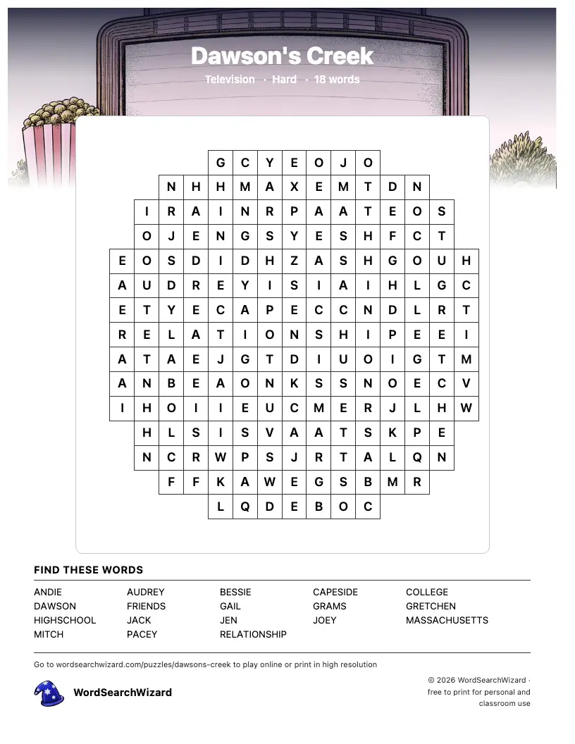 Dawson's Creek word search printable sheet, 18 words to find