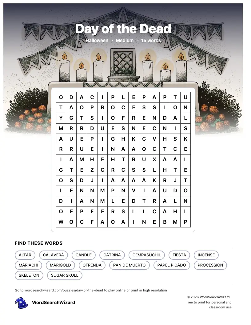 Day of the Dead word search printable sheet, 15 words to find