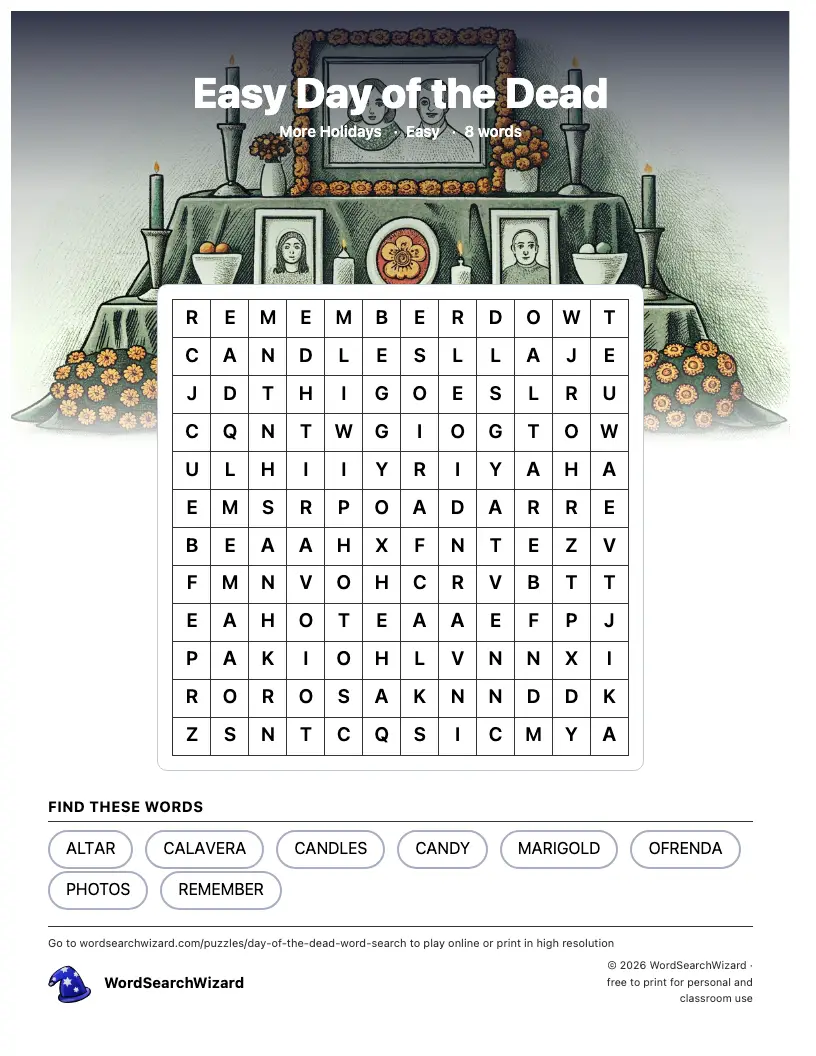 Easy Day of the Dead word search printable sheet, 8 words to find