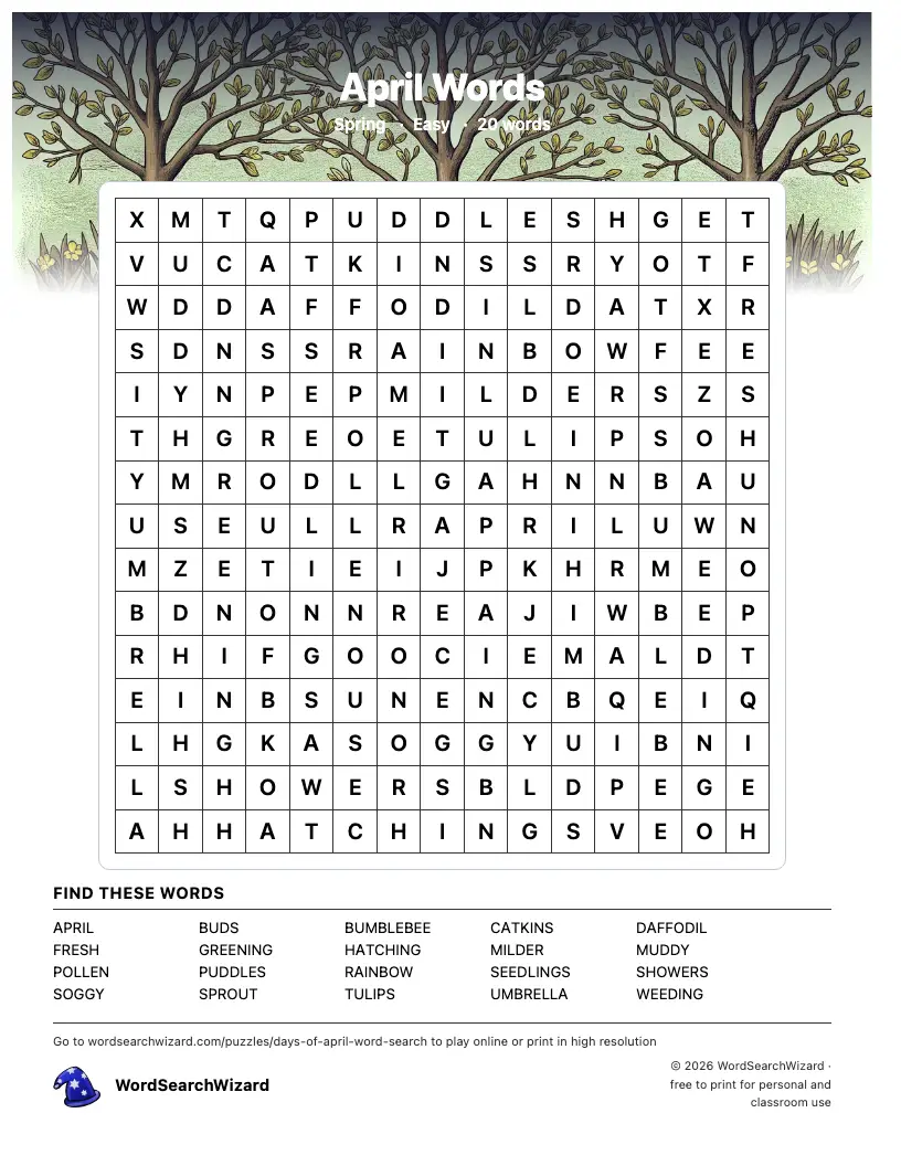 April Words word search printable sheet, 20 words to find