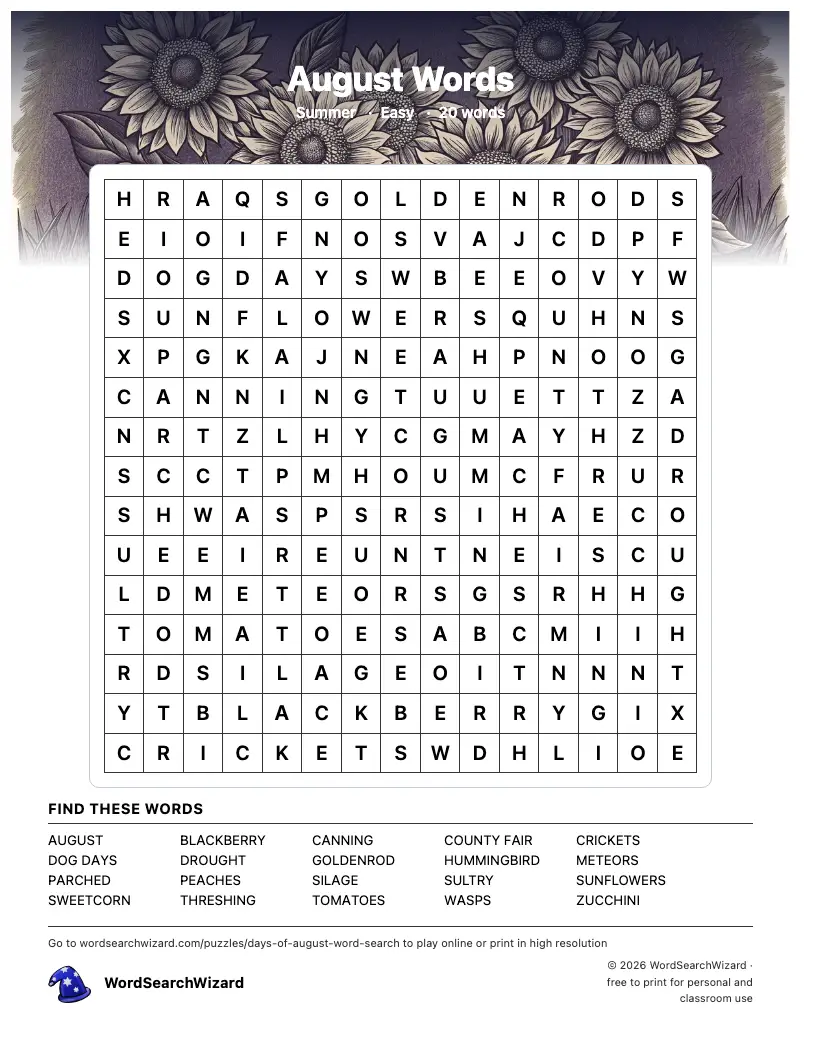 August Words word search printable sheet, 20 words to find