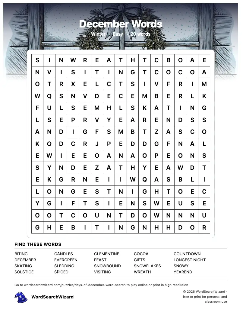 December Words word search printable sheet, 20 words to find