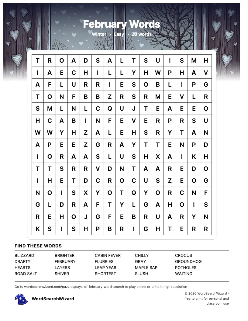 February Words word search printable sheet, 20 words to find