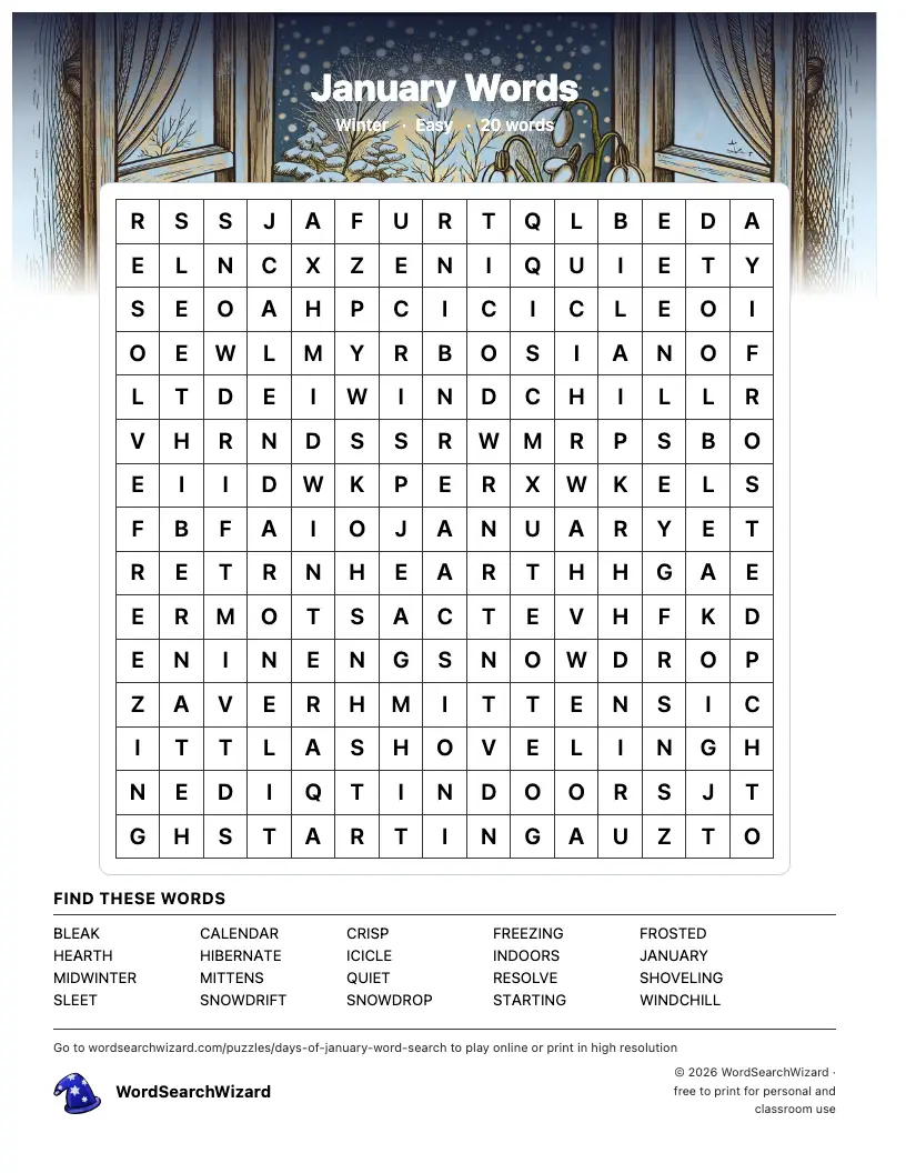 January Words word search printable sheet, 20 words to find