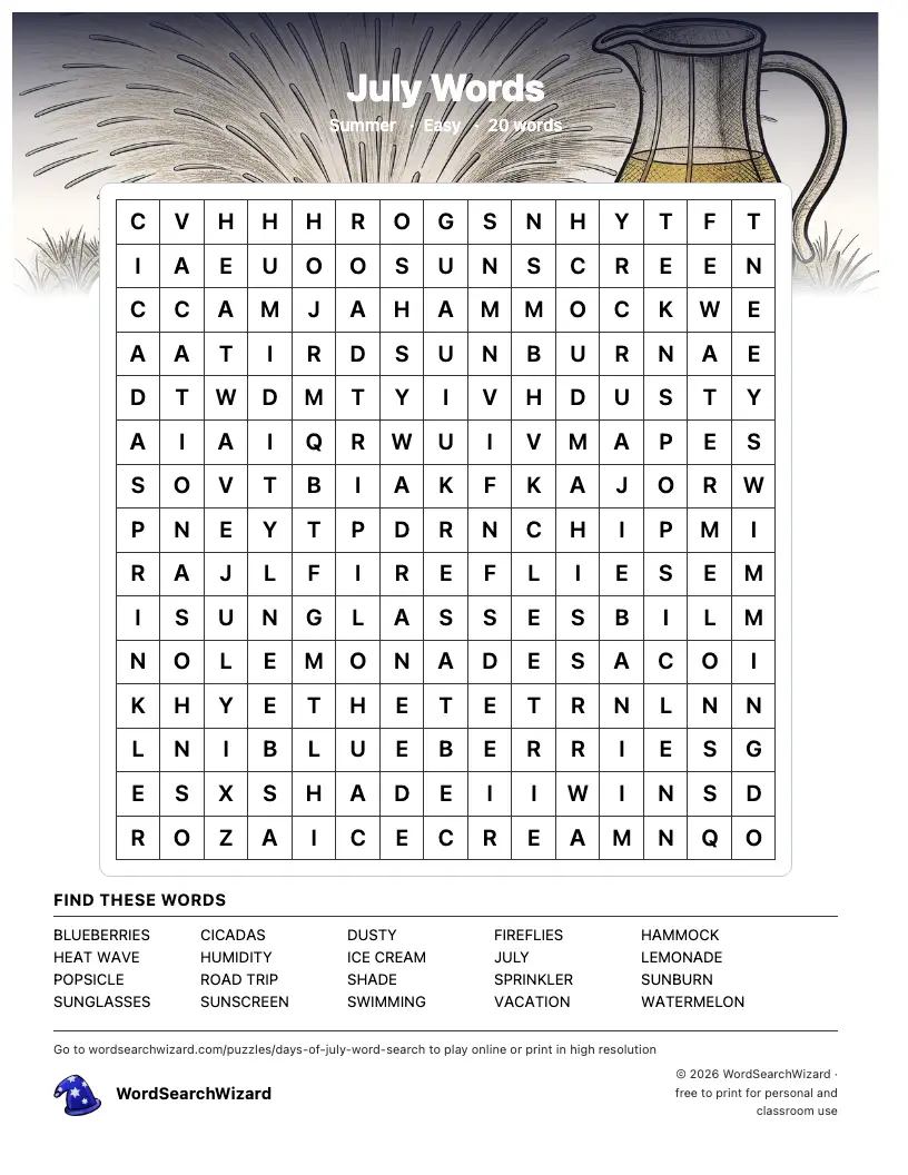 July Words word search printable sheet, 20 words to find