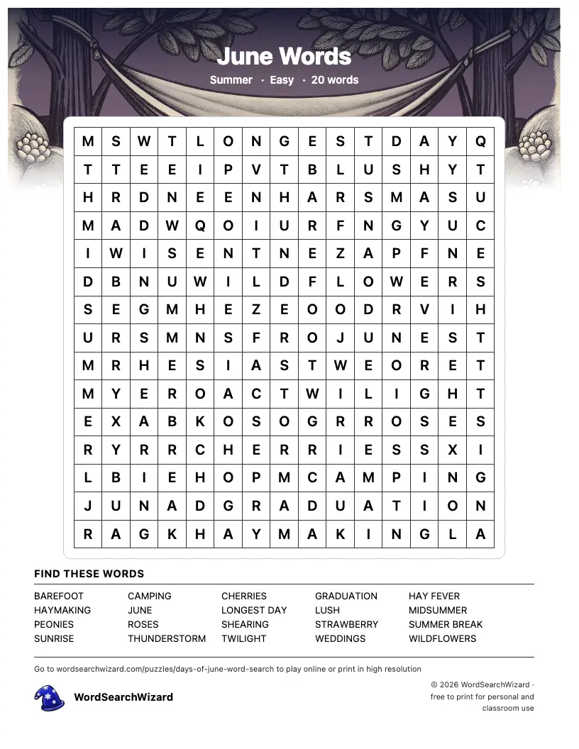 June Words word search printable sheet, 20 words to find