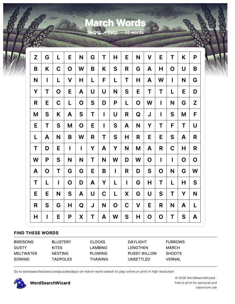 March Words word search printable sheet, 20 words to find