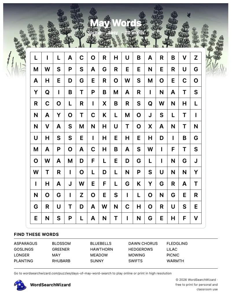 May Words word search printable sheet, 20 words to find