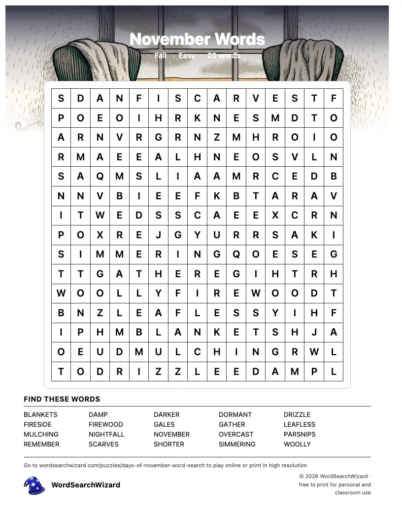 November Words word search printable sheet, 20 words to find