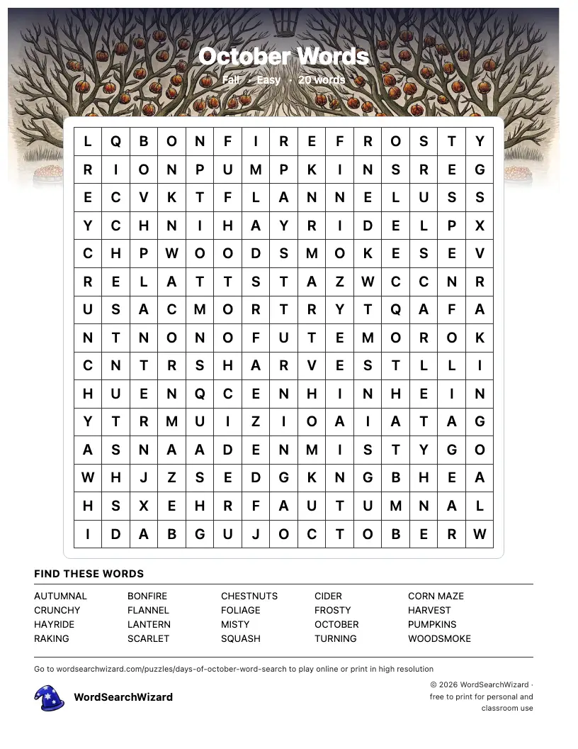 October Words word search printable sheet, 20 words to find