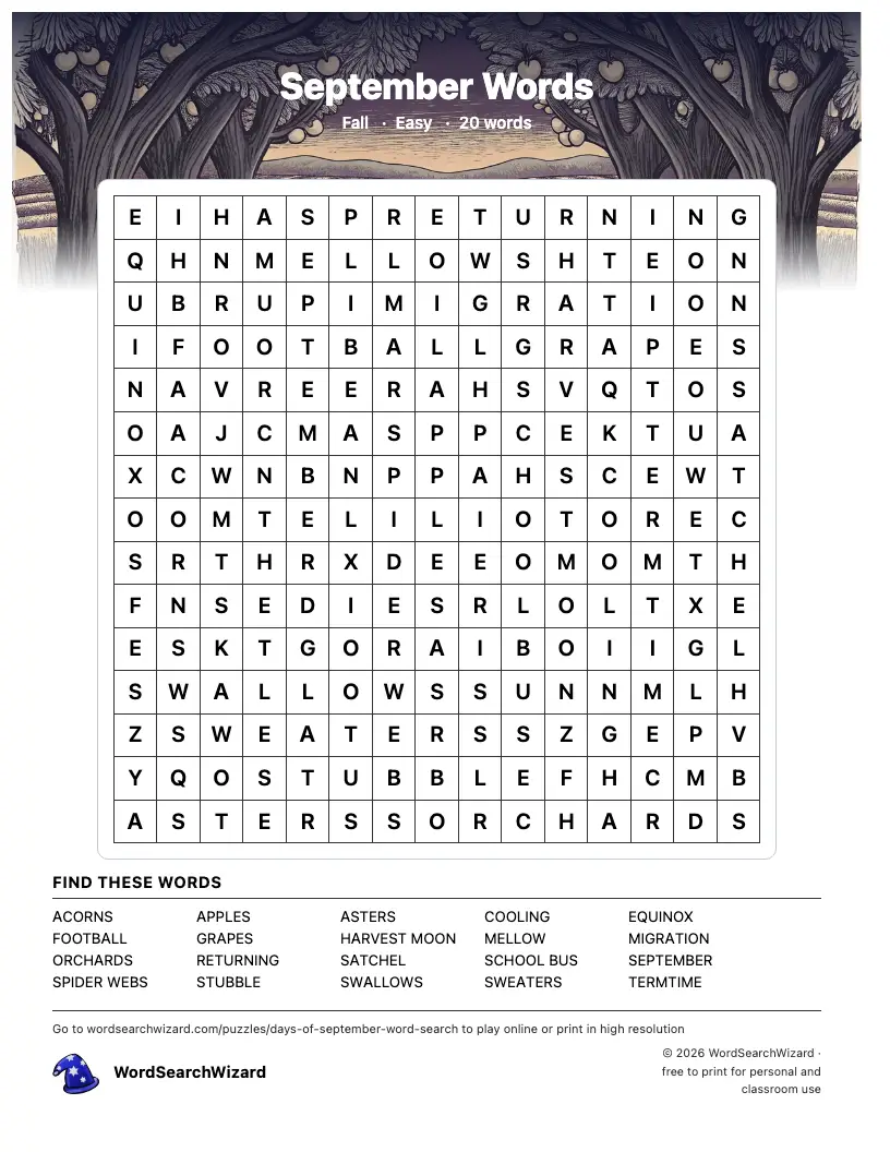 September Words word search printable sheet, 20 words to find