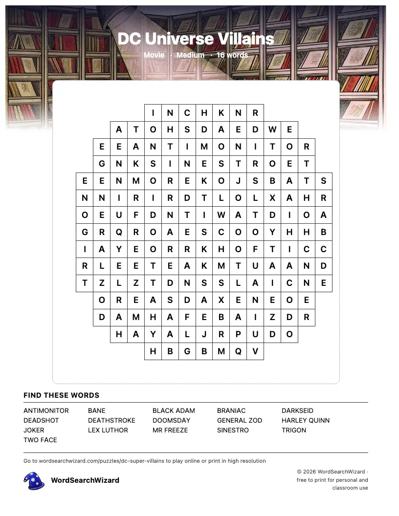 DC Universe Villains word search printable sheet, 16 words to find