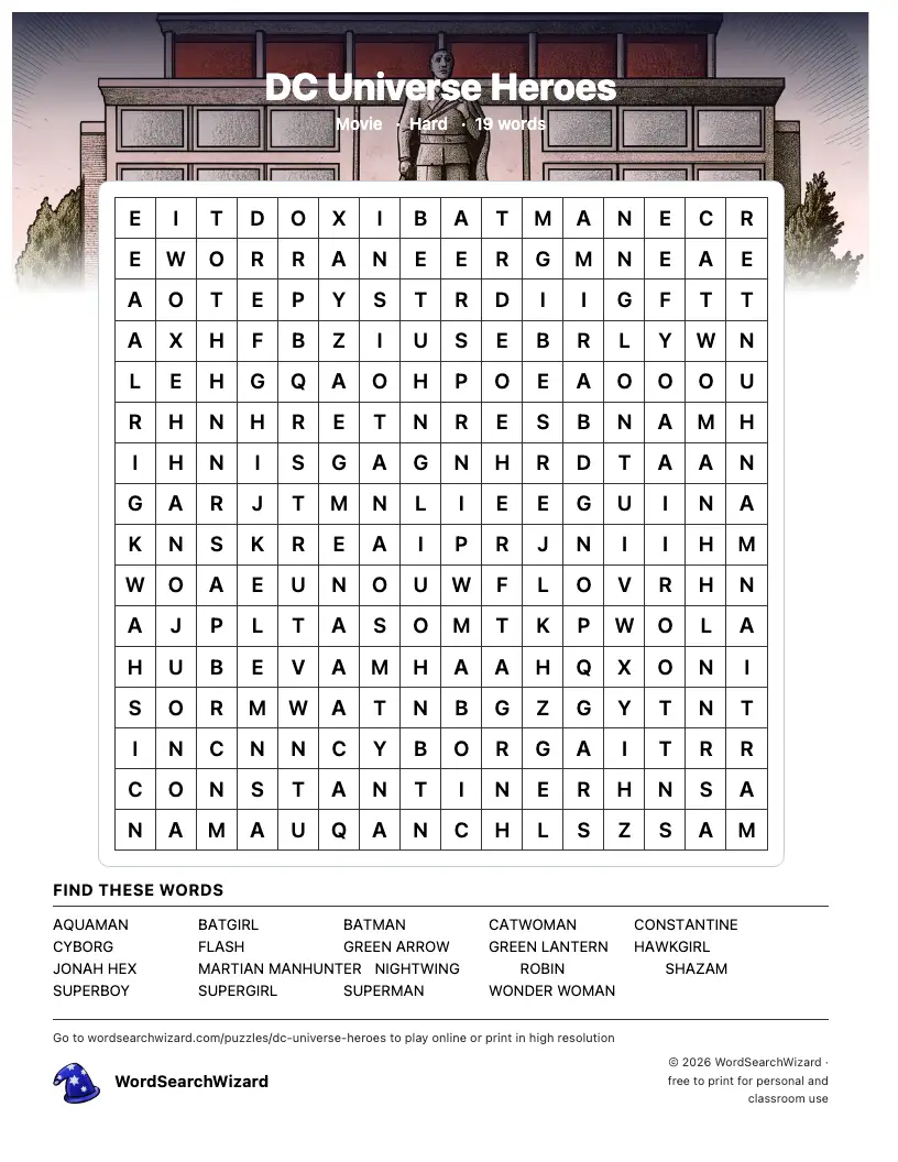 DC Universe Heroes word search printable sheet, 19 words to find