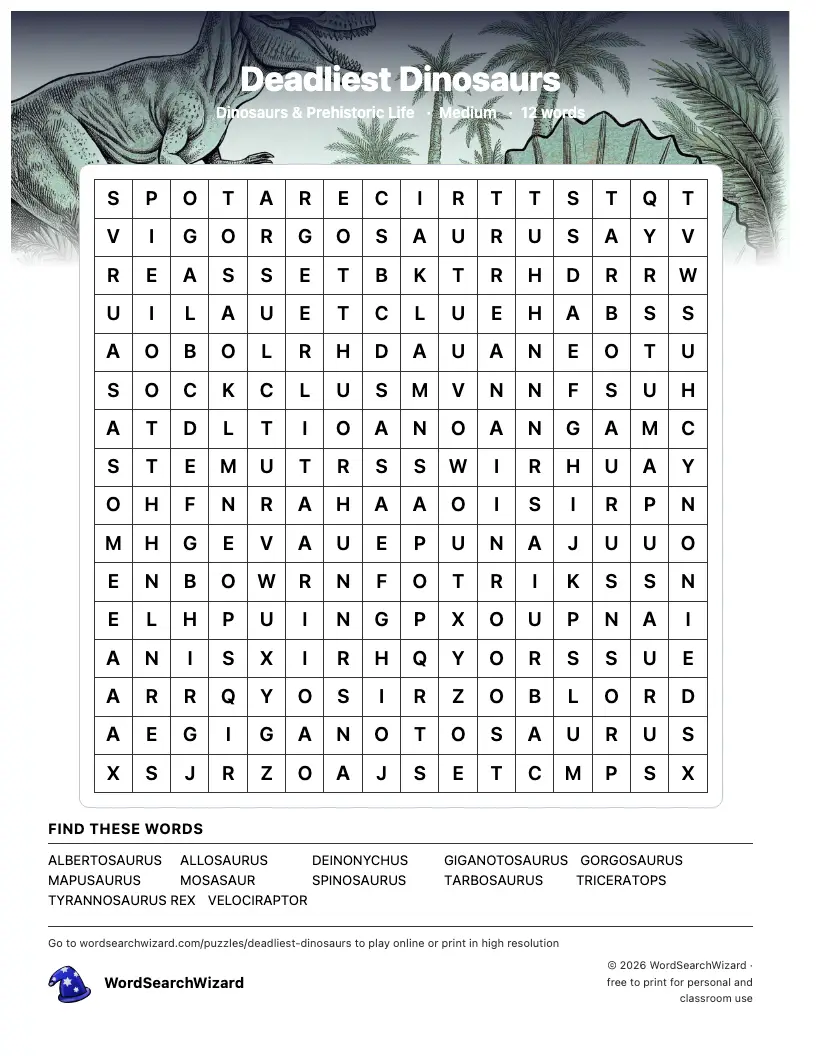 Deadliest Dinosaurs word search printable sheet, 12 words to find