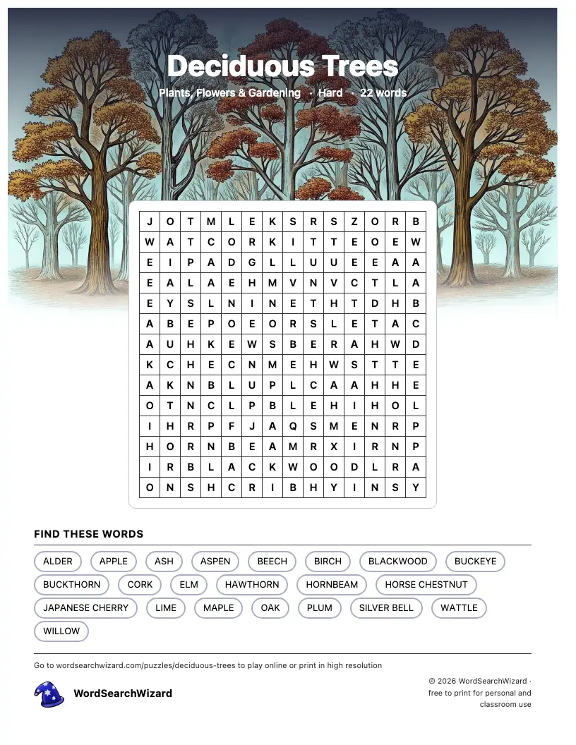 Deciduous Trees word search printable sheet, 22 words to find