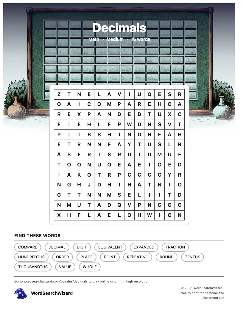 Decimals word search printable sheet, 16 words to find
