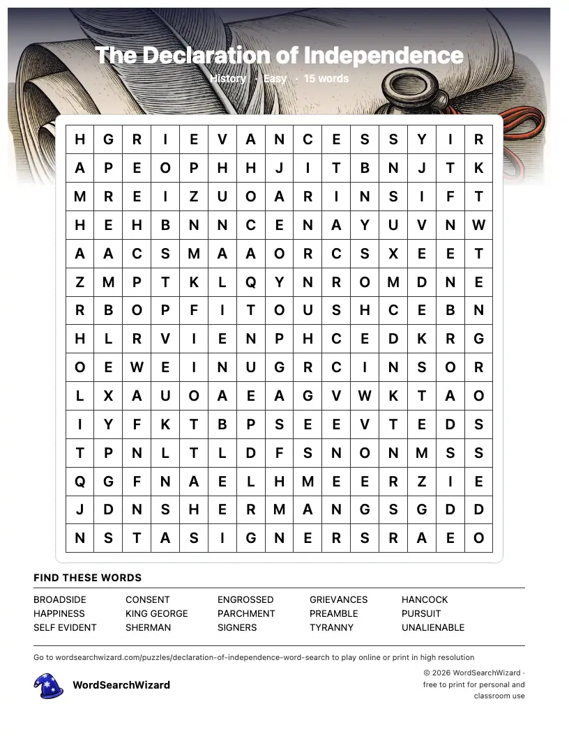 The Declaration of Independence word search printable sheet, 15 words to find