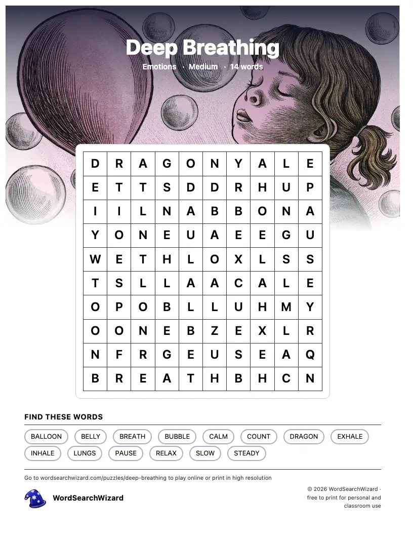 Deep Breathing word search printable sheet, 14 words to find