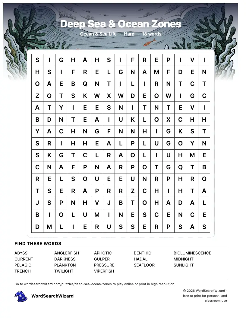 Deep Sea & Ocean Zones word search printable sheet, 18 words to find