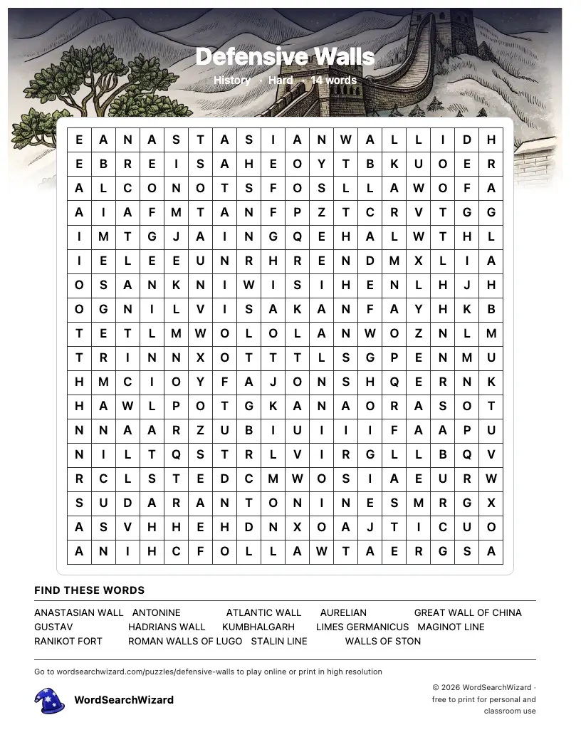 Defensive Walls word search printable sheet, 14 words to find