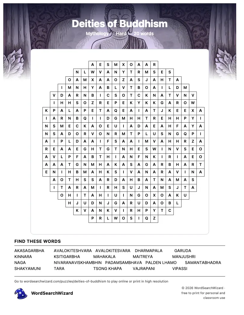 Deities of Buddhism word search printable sheet, 20 words to find