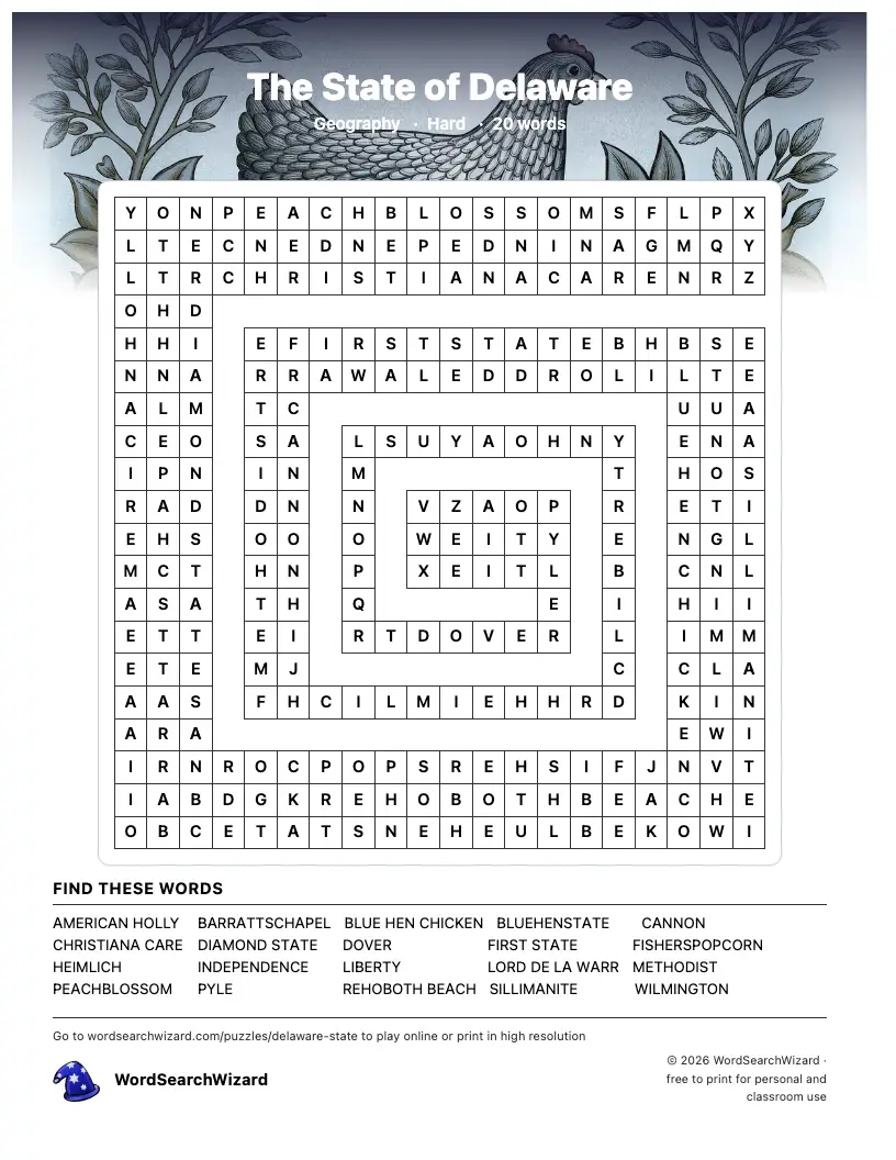 The State of Delaware word search printable sheet, 20 words to find