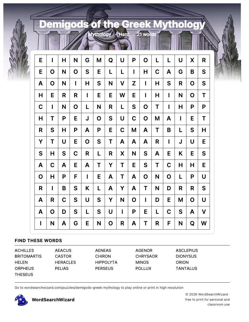Demigods of the Greek Mythology word search printable sheet, 21 words to find
