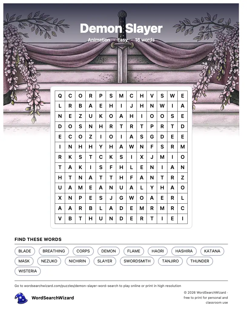 Demon Slayer word search printable sheet, 16 words to find