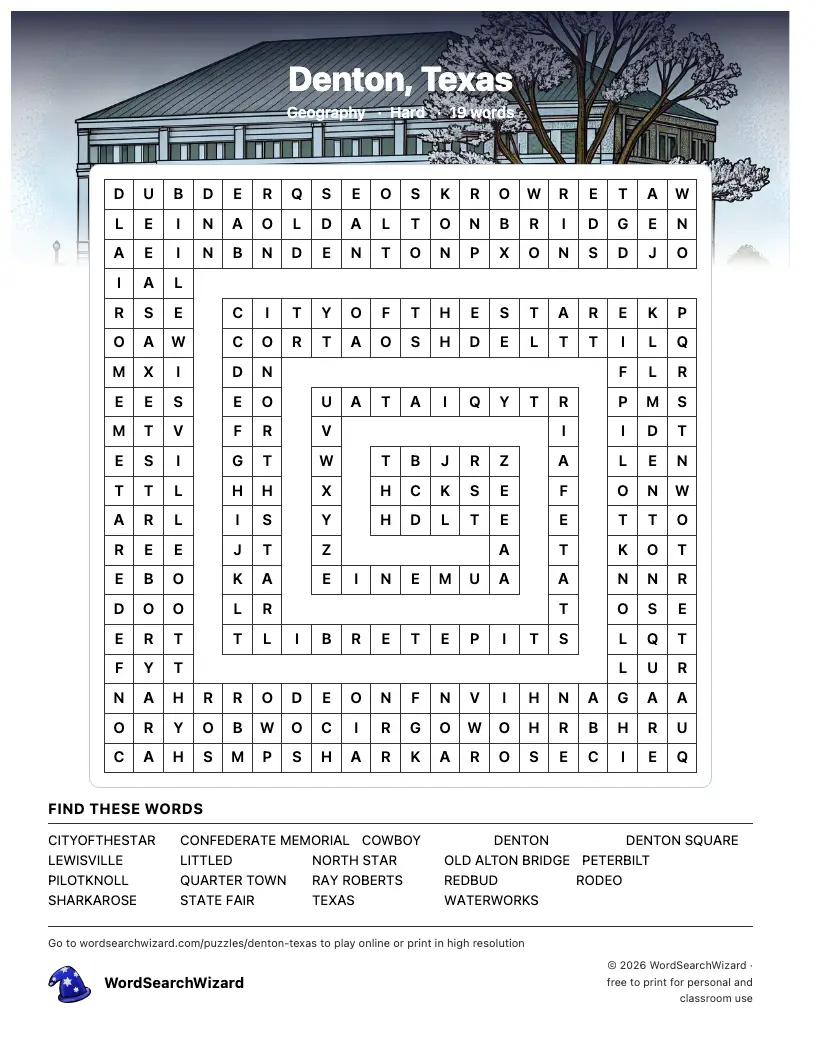 Denton, Texas word search printable sheet, 19 words to find