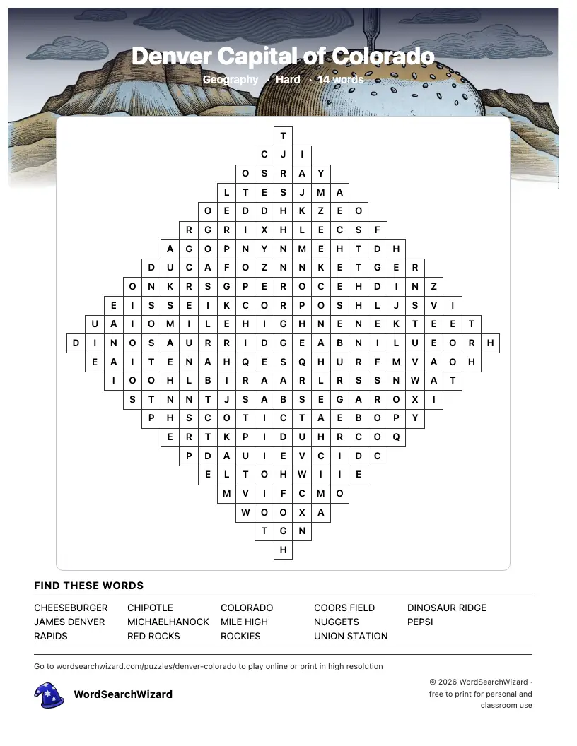 Denver Capital of Colorado word search printable sheet, 14 words to find