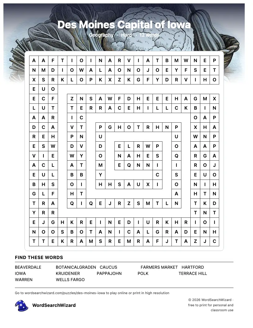 Des Moines Capital of Iowa word search printable sheet, 12 words to find