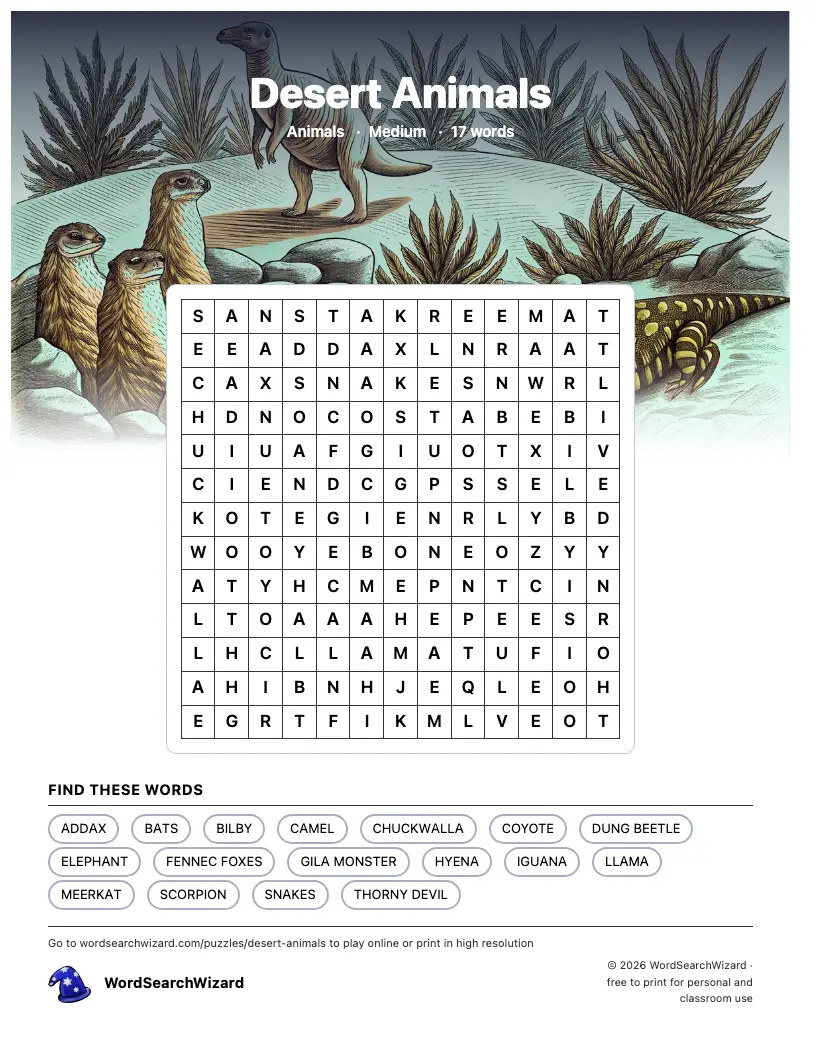Desert Animals word search printable sheet, 17 words to find