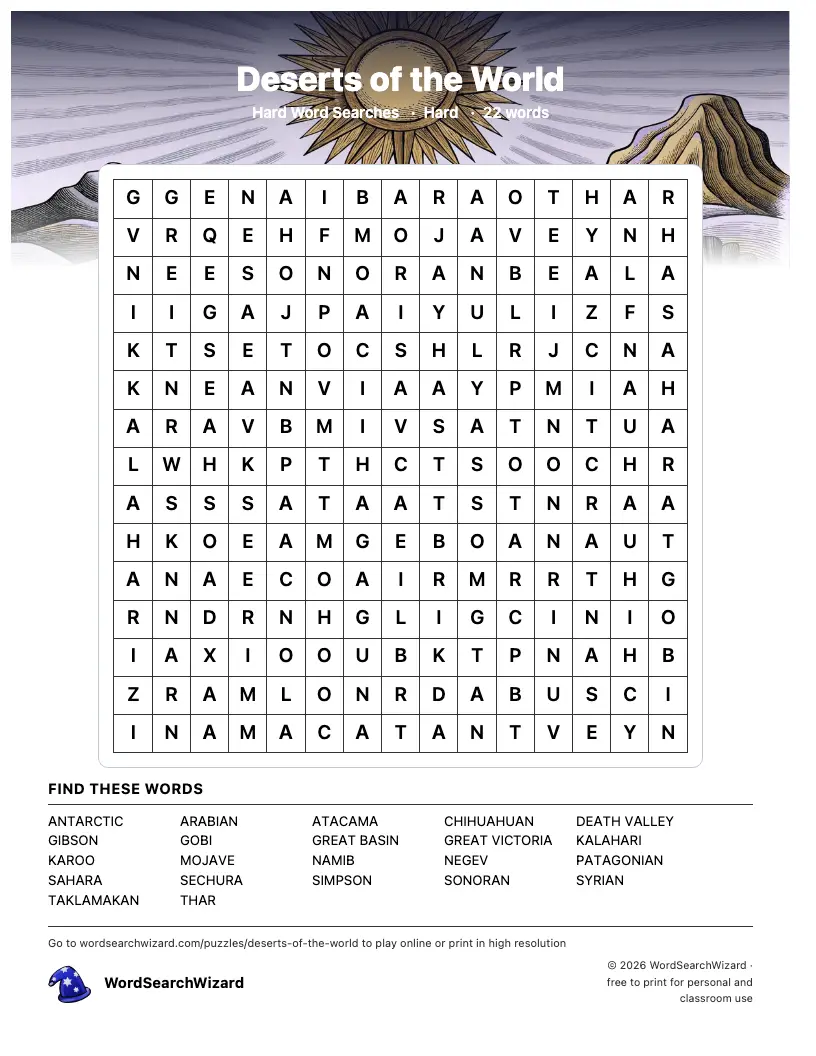 Deserts of the World word search printable sheet, 22 words to find