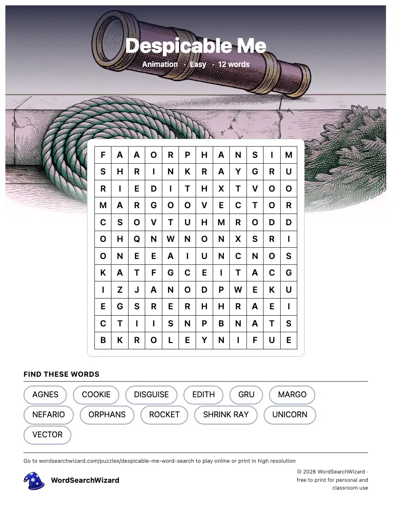 Despicable Me word search printable sheet, 12 words to find