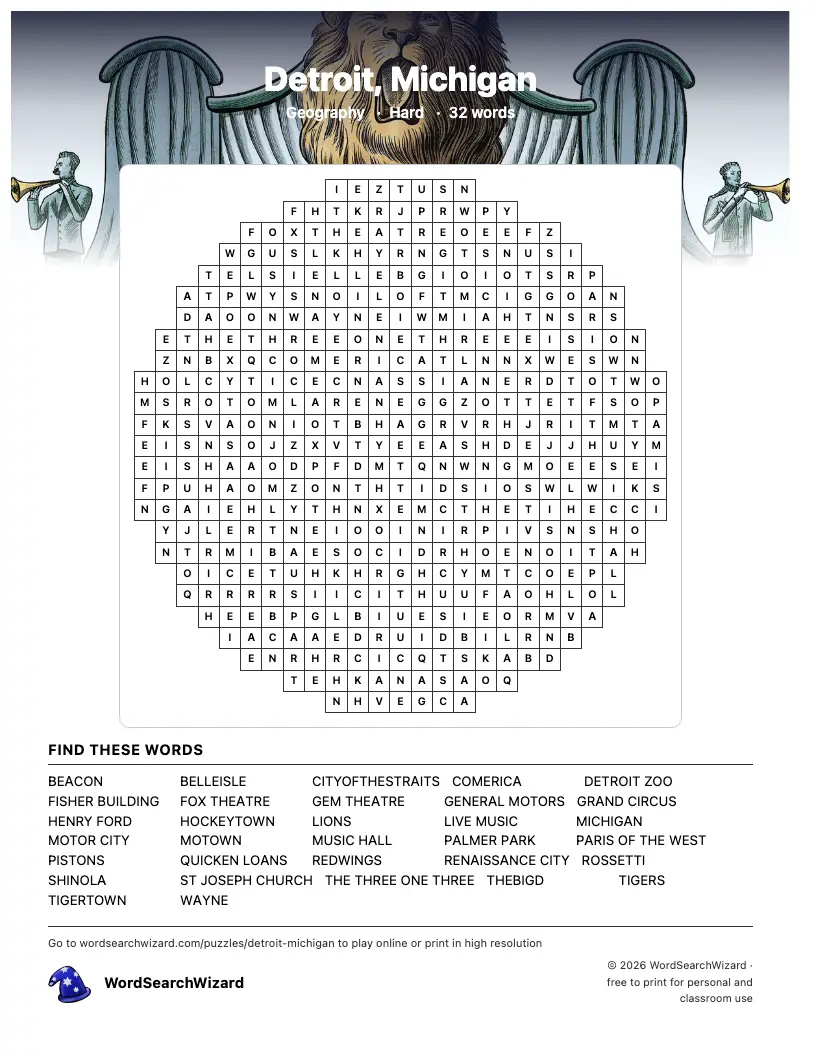 Detroit, Michigan word search printable sheet, 32 words to find