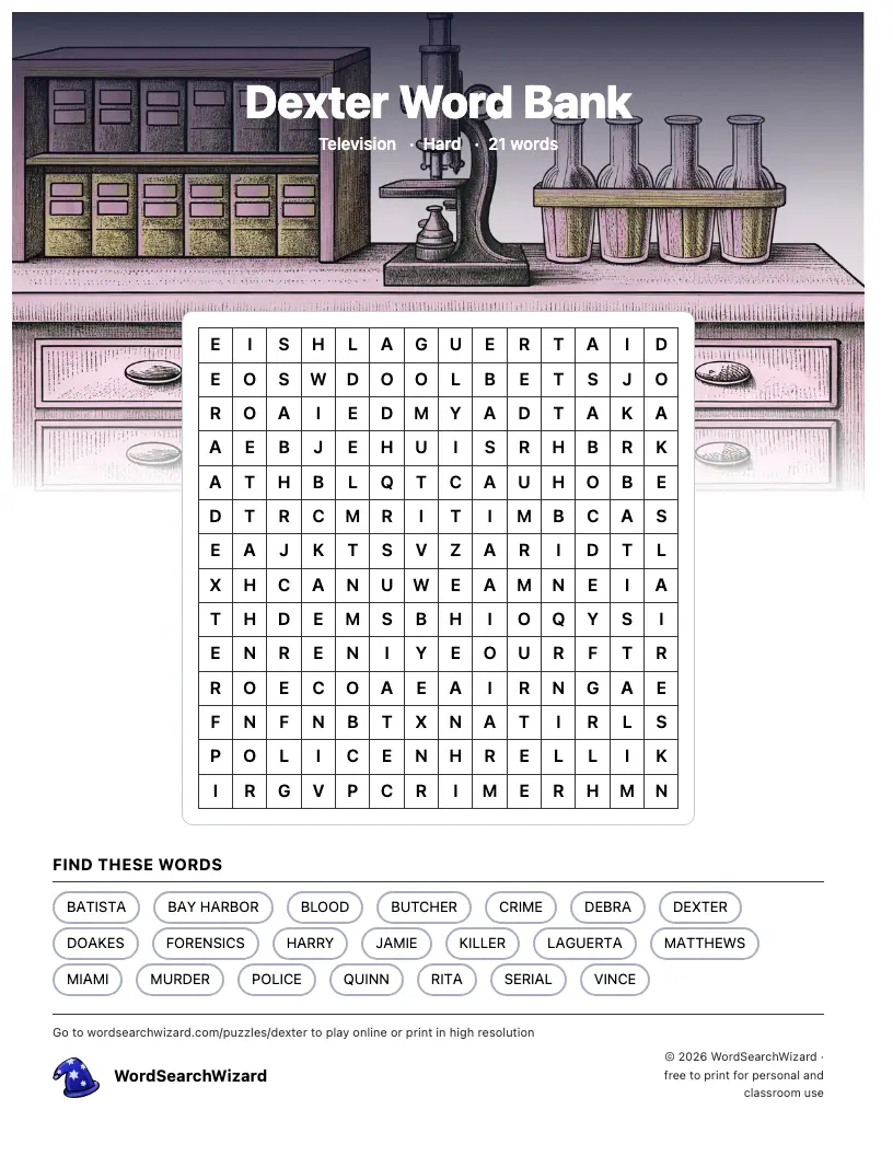 Dexter Word Bank word search printable sheet, 21 words to find