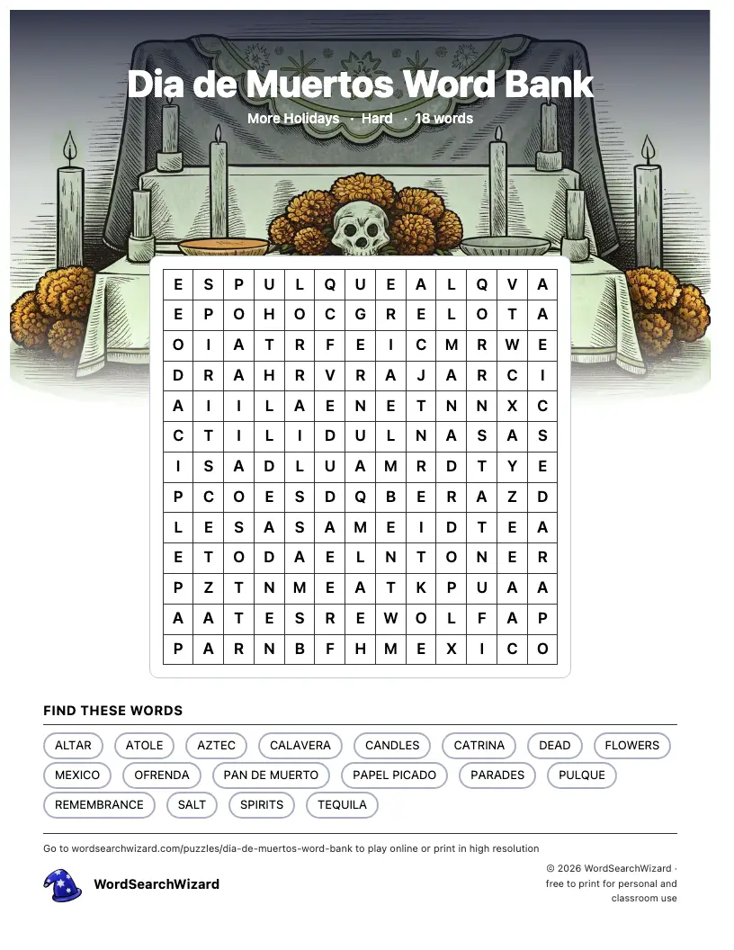 Dia de Muertos Word Bank word search printable sheet, 18 words to find