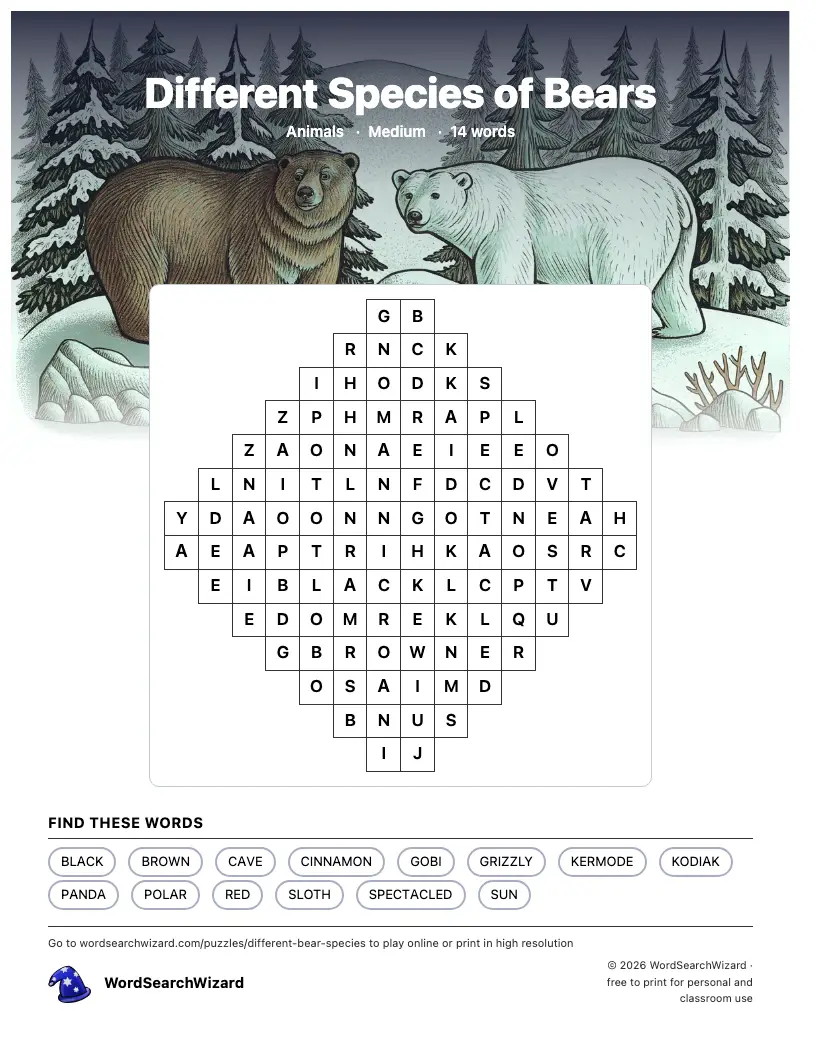 Different Species of Bears word search printable sheet, 14 words to find