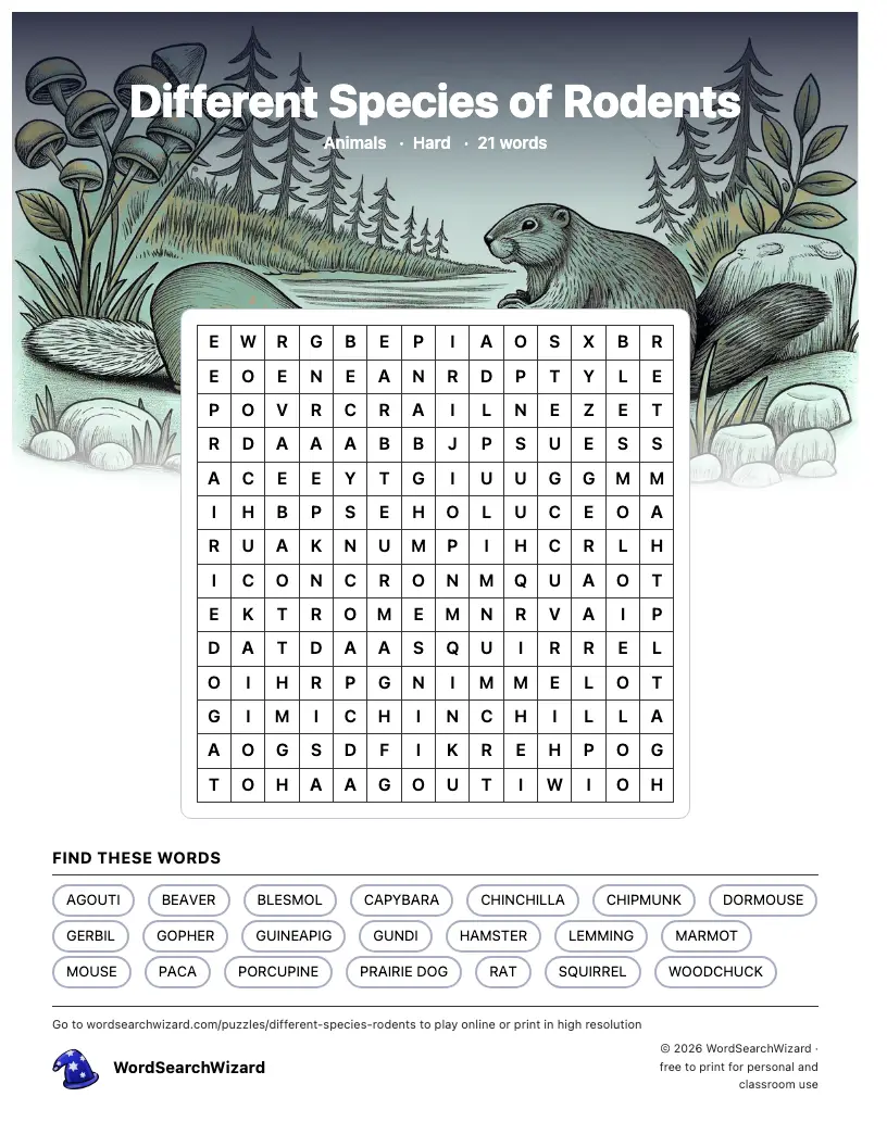 Different Species of Rodents word search printable sheet, 21 words to find