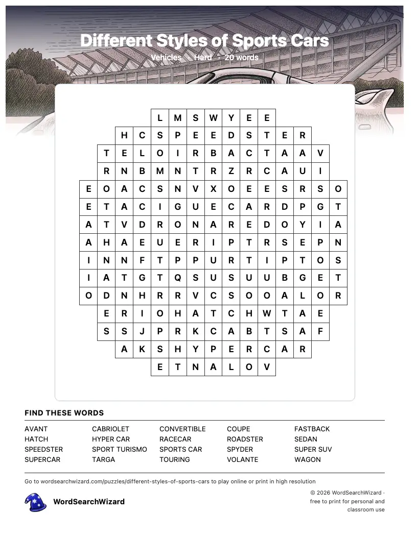 Different Styles of Sports Cars word search printable sheet, 20 words to find