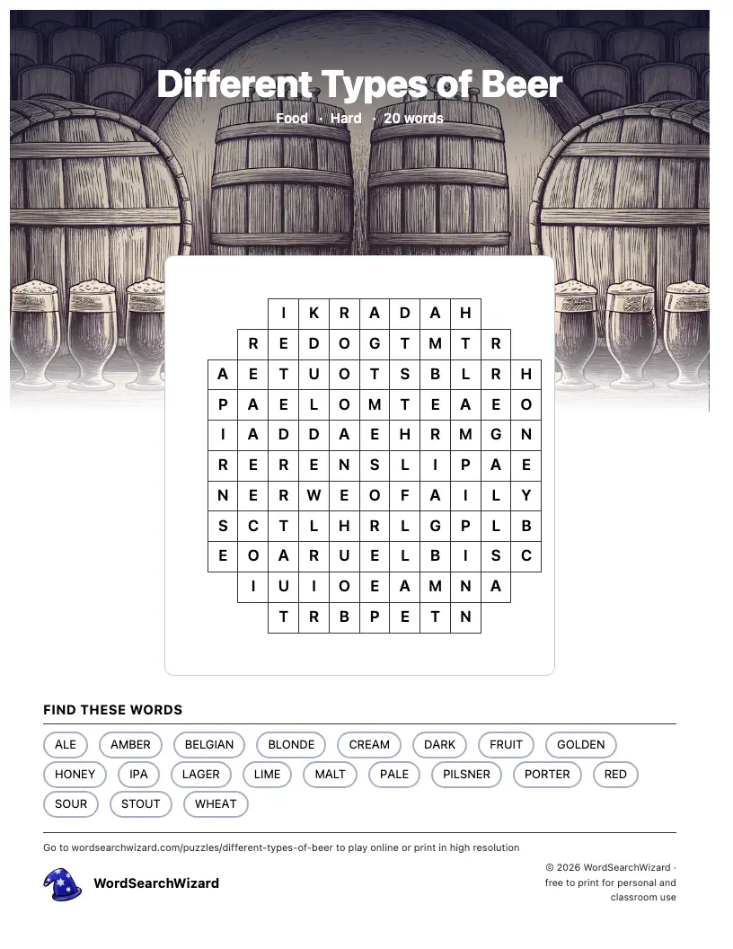 Different Types of Beer word search printable sheet, 20 words to find