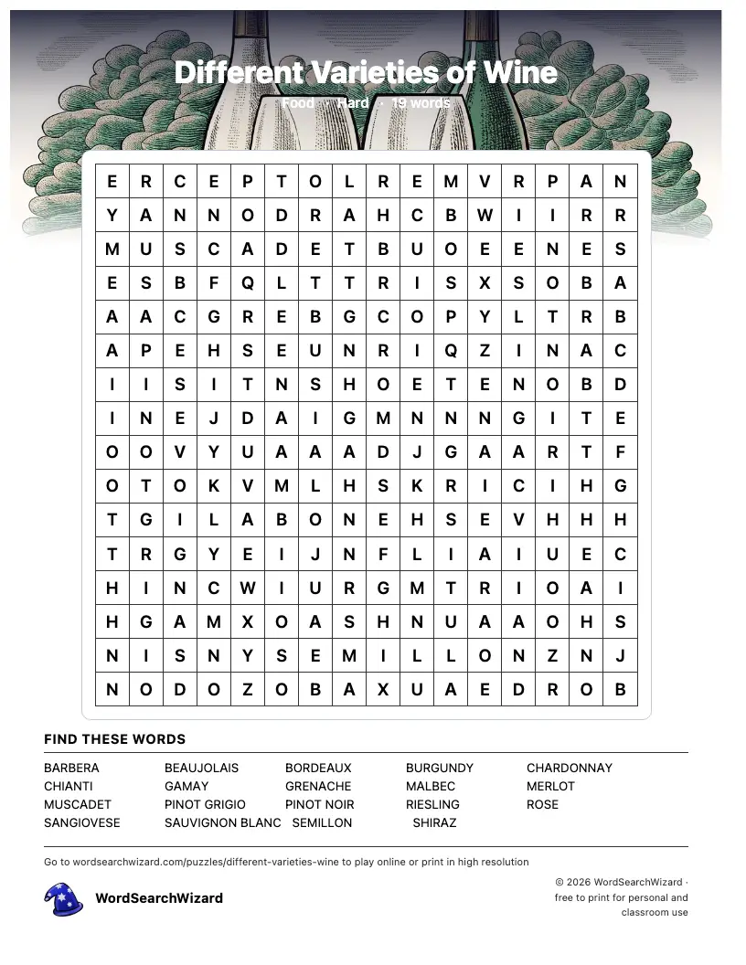 Different Varieties of Wine word search printable sheet, 19 words to find