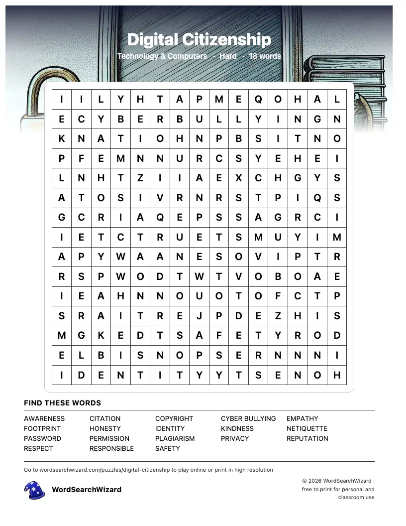 Digital Citizenship word search printable sheet, 18 words to find