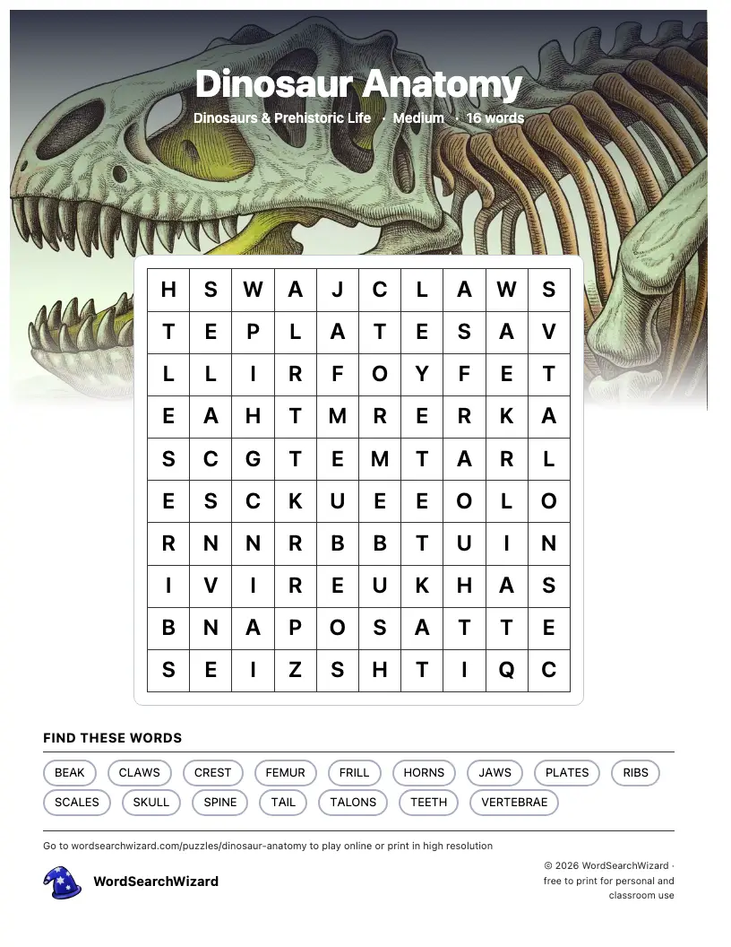 Dinosaur Anatomy word search printable sheet, 16 words to find