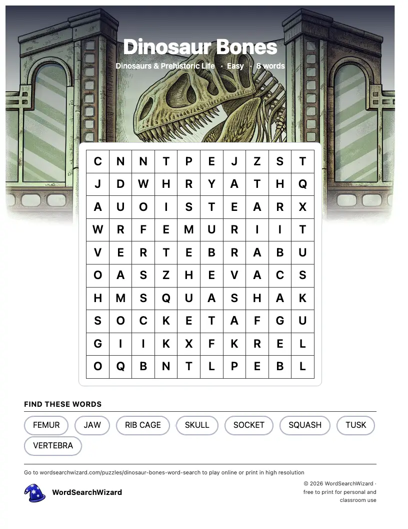 Dinosaur Bones word search printable sheet, 8 words to find
