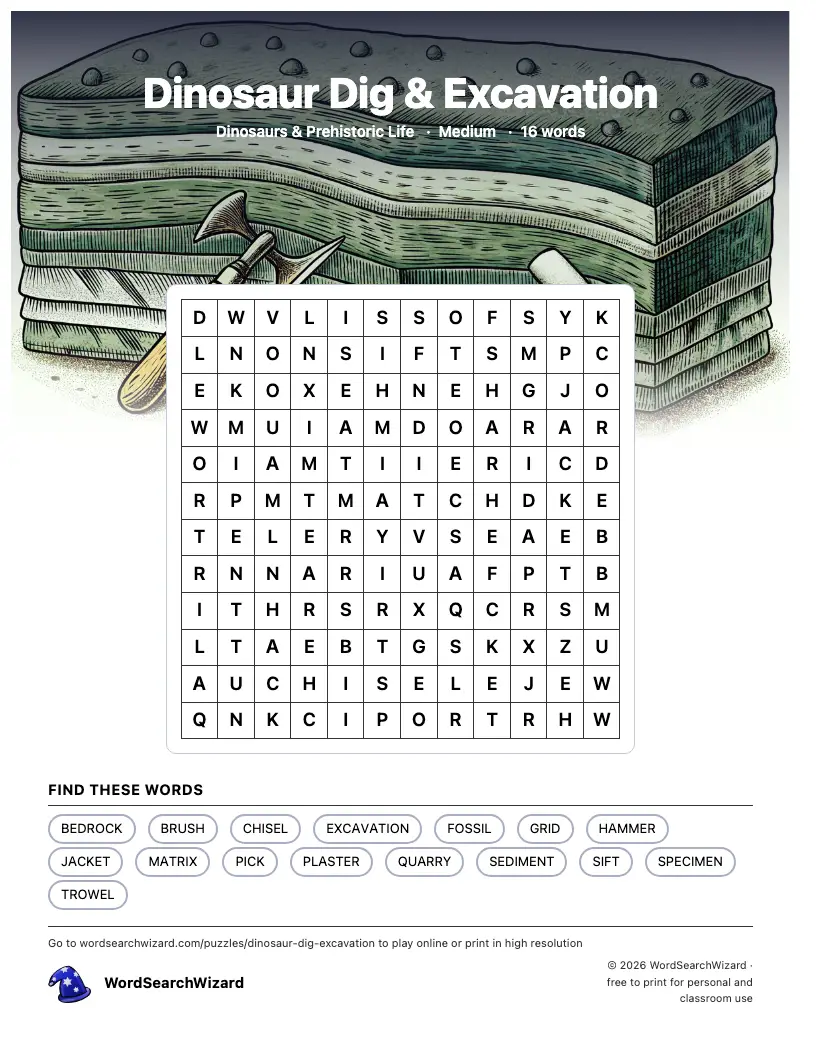 Dinosaur Dig & Excavation word search printable sheet, 16 words to find